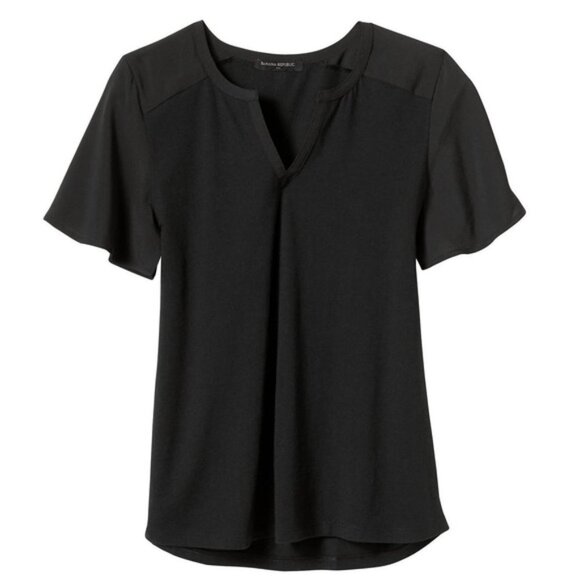 NWT BANANA REPUBLIC Notch-Neck Short Sleeve Top Sz Medium Black - Picture 2 of 5